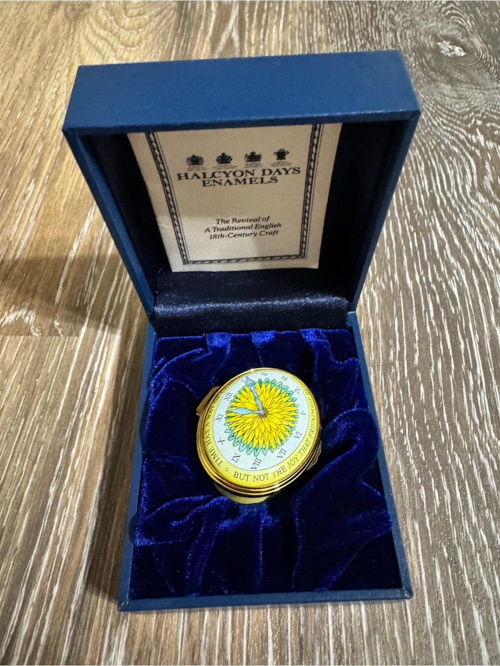 Halcyon Days Enamel Jewelry Box — Blue and Yellow Daisy Accent